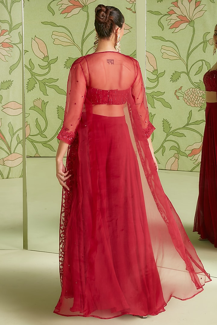 Cherry Red Embroidered Jacket Set by Sanjev Marwaaha at Pernia's Pop Up Shop
