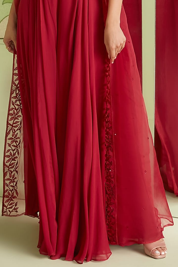 Cherry Red Embroidered Jacket Set by Sanjev Marwaaha at Pernia's Pop Up Shop