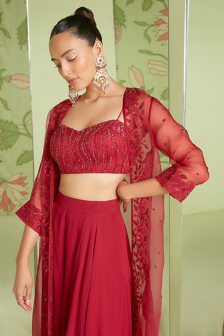 Cherry Red Embroidered Jacket Set by Sanjev Marwaaha at Pernia's Pop Up Shop