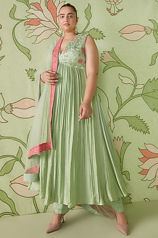 Sage Green Embroidered Kalidar Anarkali Set by Sanjev Marwaaha