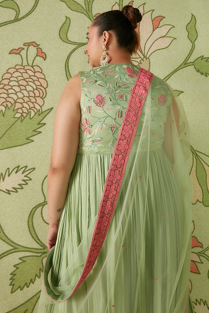 Sage Green Embroidered Kalidar Wedding Anarkali Set by Sanjev Marwaaha at Pernia's Pop Up Shop