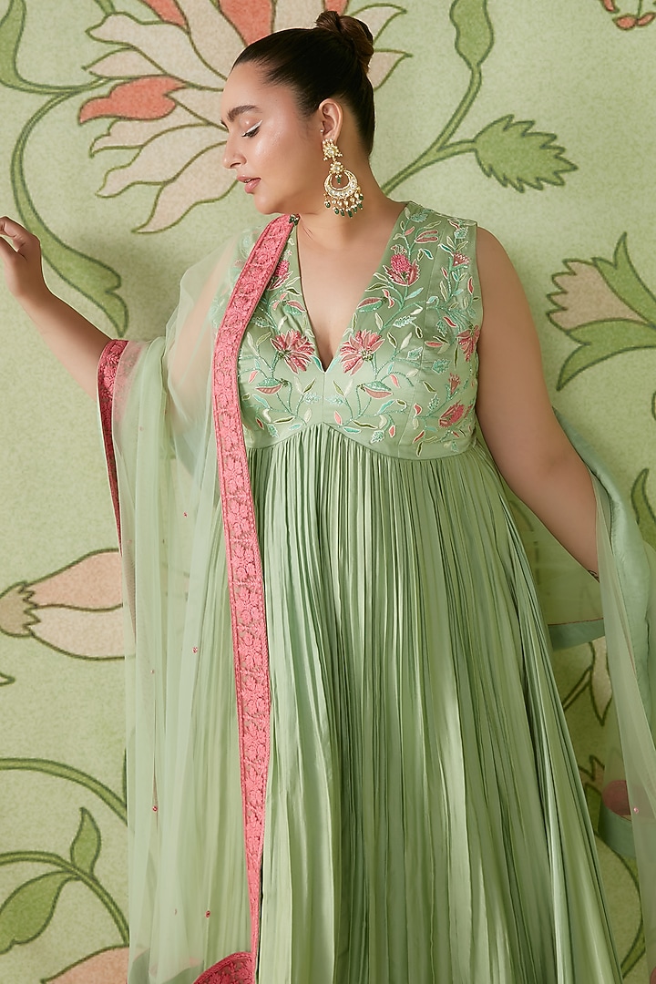 Sage Green Embroidered Kalidar Wedding Anarkali Set by Sanjev Marwaaha at Pernia's Pop Up Shop