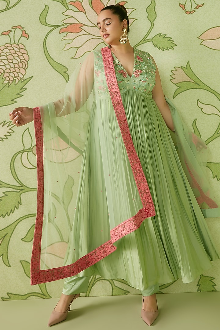 Sage Green Embroidered Kalidar Wedding Anarkali Set by Sanjev Marwaaha at Pernia's Pop Up Shop