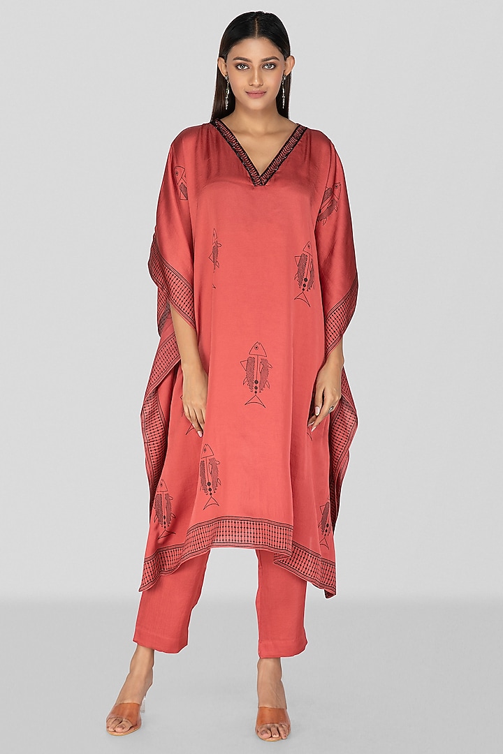 Porcelain Rose Vish Silk Hand Block Printed & Motifs Embroidered Kaftan Set by Sanjev Marwaaha at Pernia's Pop Up Shop