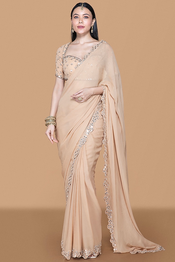 Fawn Georgette Mirror Embroidered Pre-Draped Saree Set by Sanjev Marwaaha at Pernia's Pop Up Shop