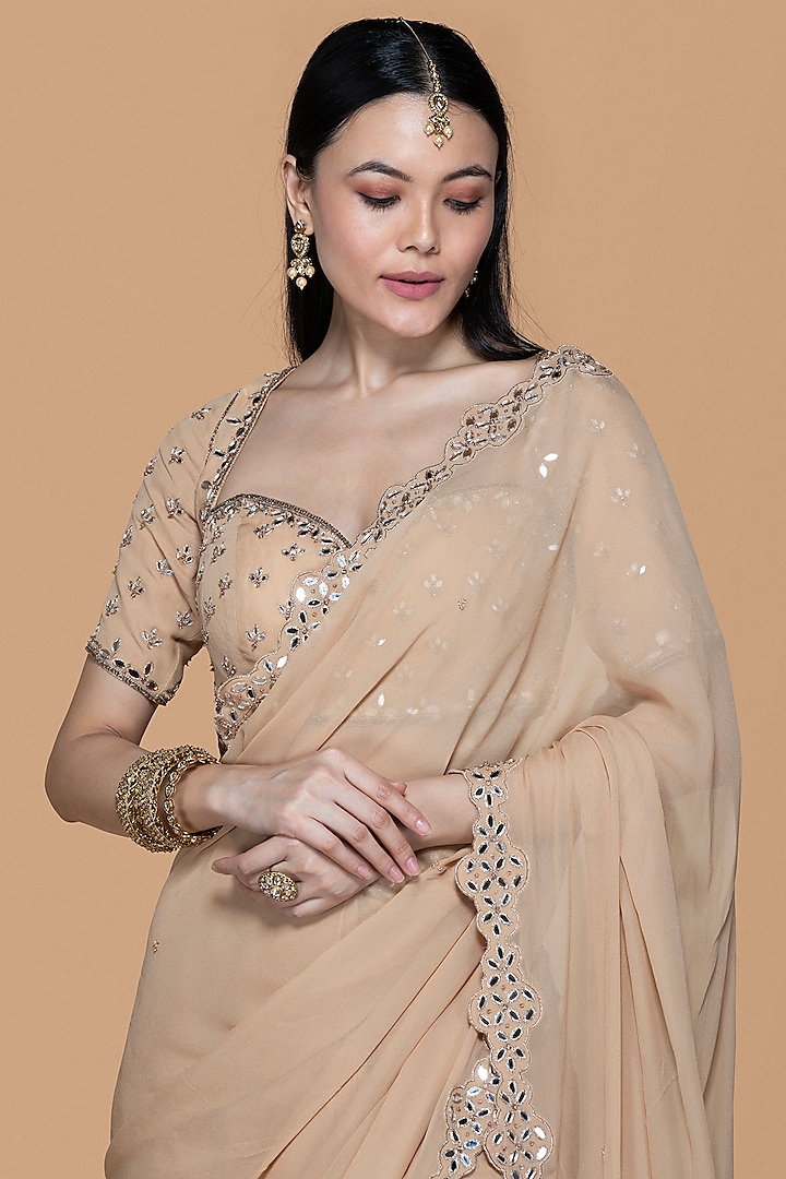 Fawn Georgette Mirror Embroidered Pre Draped Saree Set By Sanjev