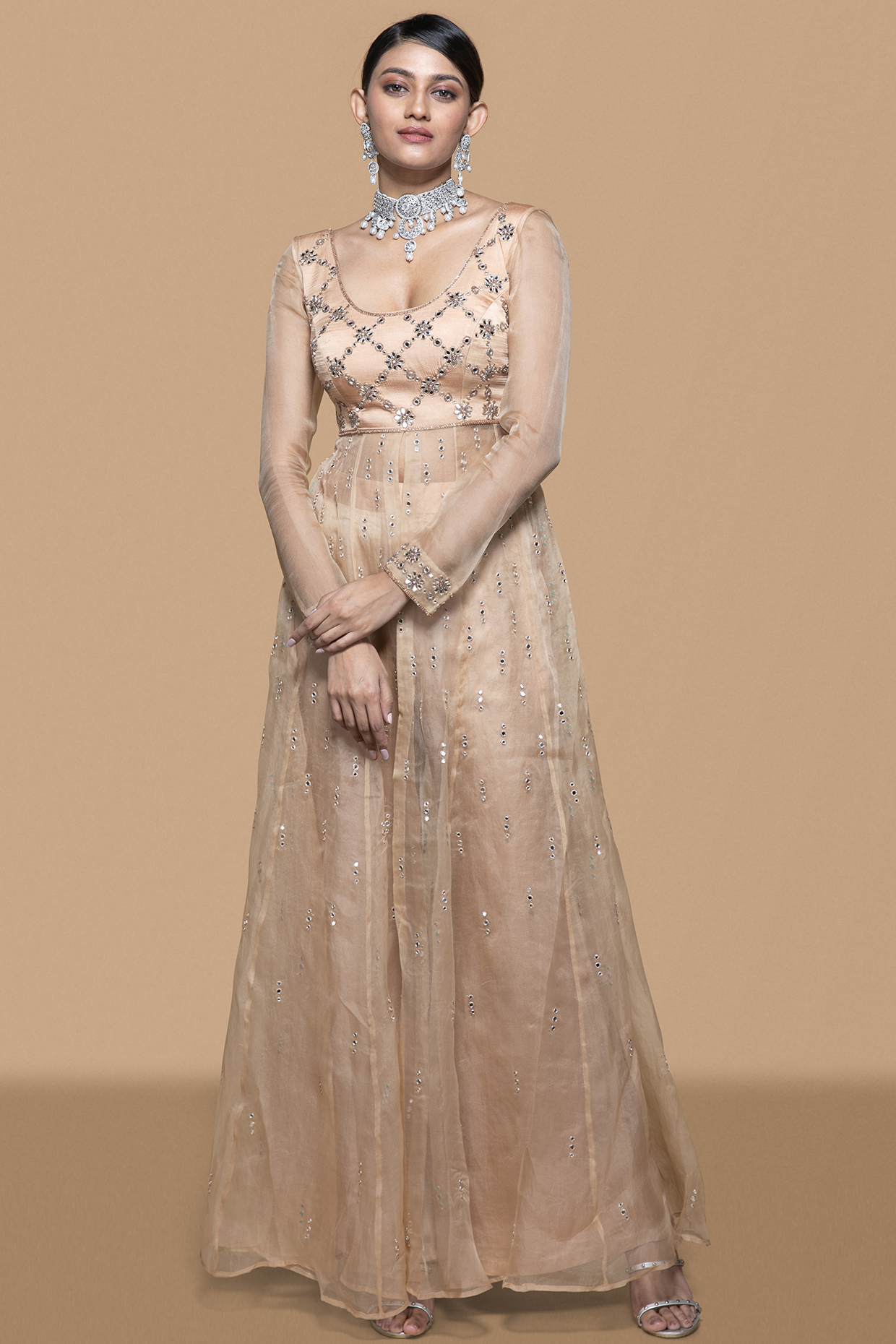 Fawn Modal & Organza Mirror Embroidered Kalidar Anarkali Set by Sanjev Marwaaha at Pernia's Pop Up Shop