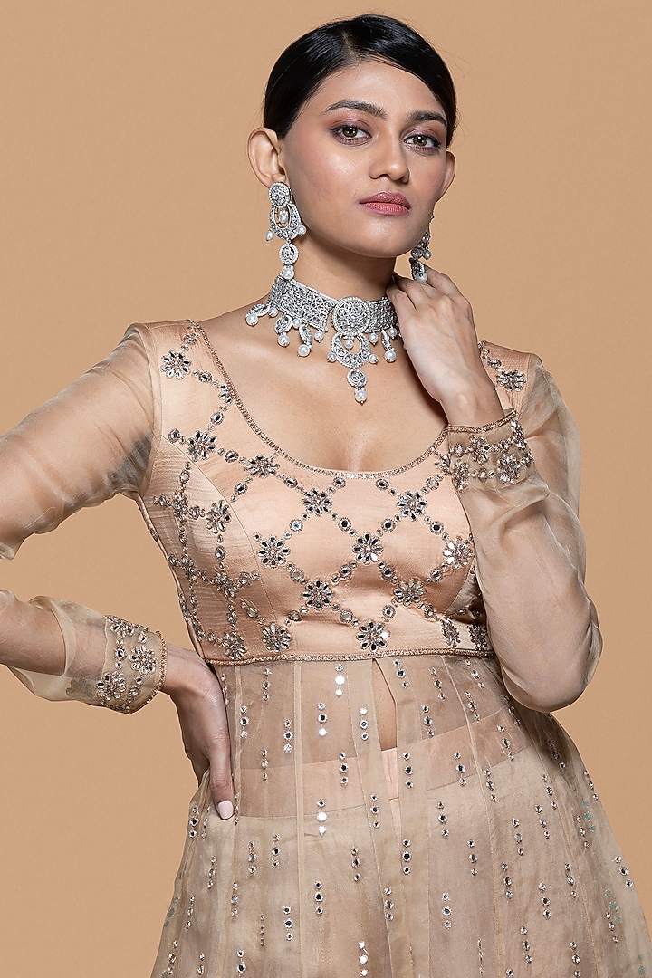 Fawn Modal & Organza Mirror Embroidered Kalidar Wedding Anarkali Set by Sanjev Marwaaha at Pernia's Pop Up Shop