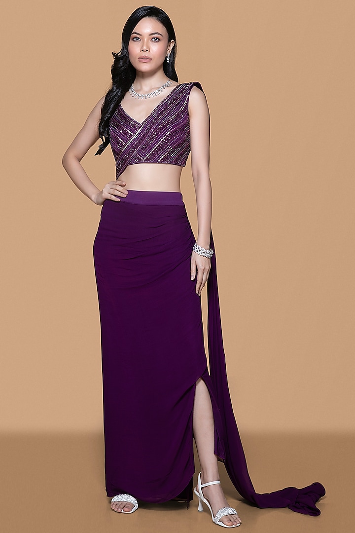 Deep Purple Modal & Georgette Pre-Draped Saree Set by Sanjev Marwaaha