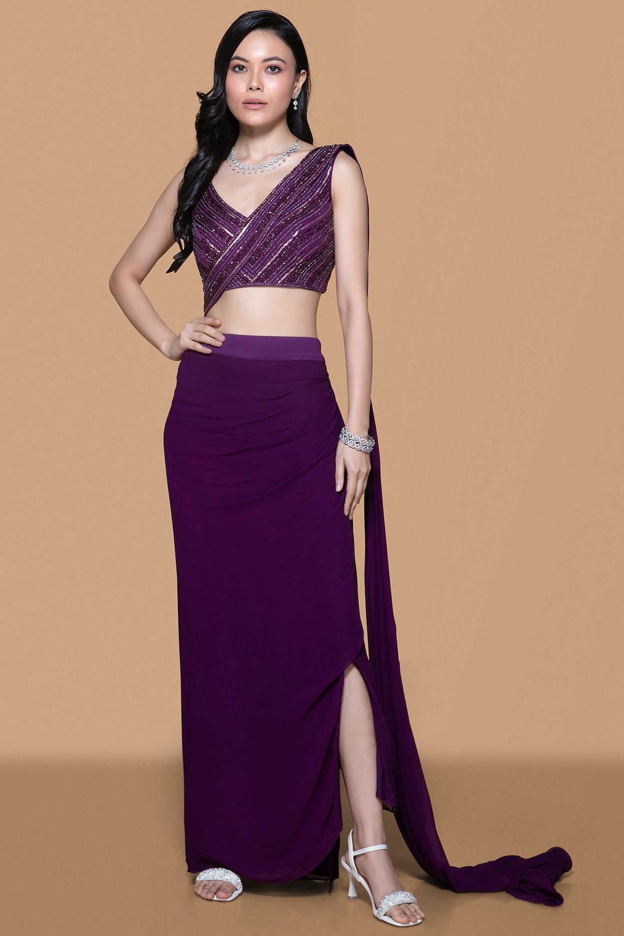 Deep Purple Modal And Georgette Pre Draped Saree Set By Sanjev Marwaaha