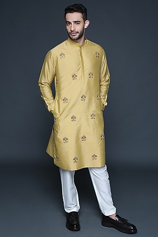 Mustard Cotton Silk Hand Embroidered Kurta Set by Sanjev Marwaaha Men