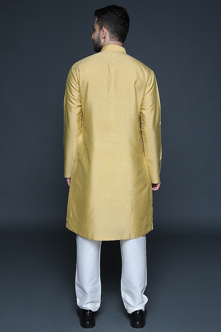 Mustard Cotton Silk Hand Embroidered Kurta Set by Sanjev Marwaaha Men at Pernia's Pop Up Shop