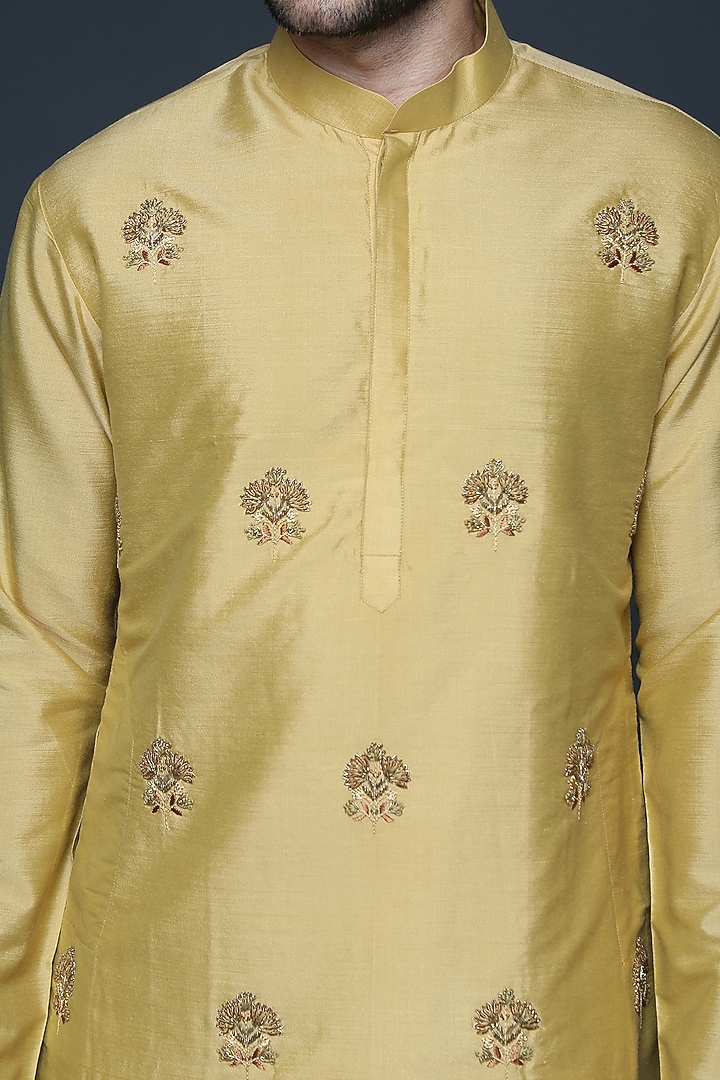 Mustard Cotton Silk Hand Embroidered Kurta Set by Sanjev Marwaaha Men at Pernia's Pop Up Shop