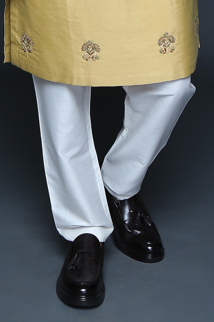 Mustard Cotton Silk Hand Embroidered Kurta Set by Sanjev Marwaaha Men at Pernia's Pop Up Shop
