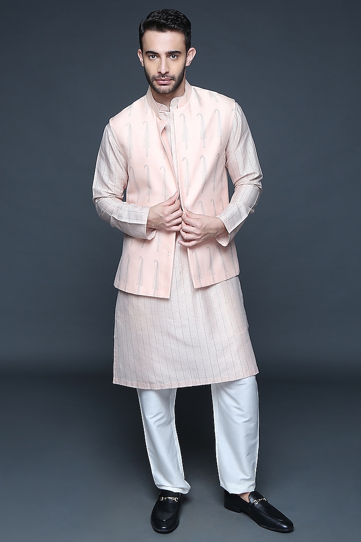 Peach Silk Printed Kurta Set With Printed Bundi Jacket by Sanjev Marwaaha Men