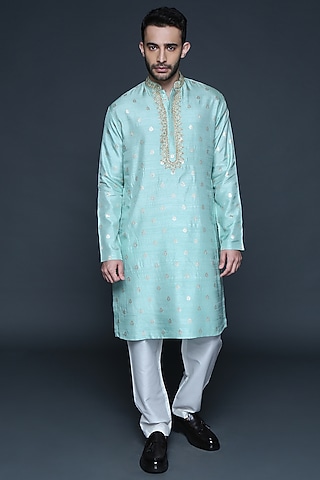 Powder Blue Cotton Silk Embroidered Kurta Set by Sanjev Marwaaha Men