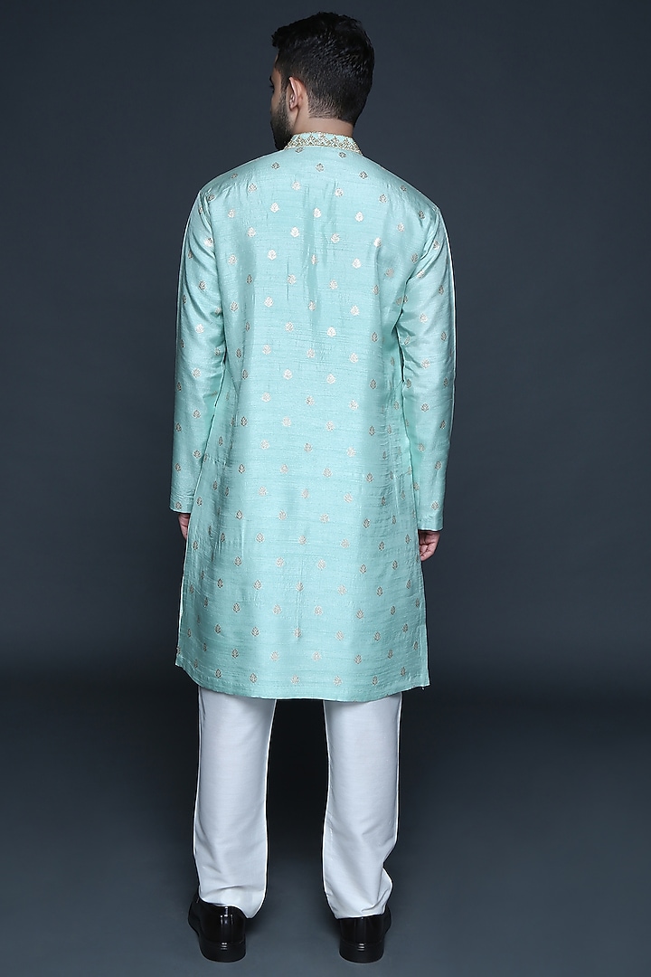 Powder Blue Cotton Silk Embroidered Kurta Set by Sanjev Marwaaha Men at Pernia's Pop Up Shop