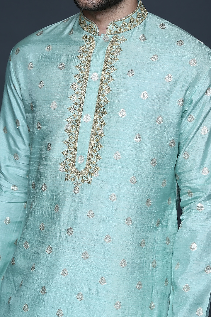 Powder Blue Cotton Silk Embroidered Kurta Set by Sanjev Marwaaha Men at Pernia's Pop Up Shop