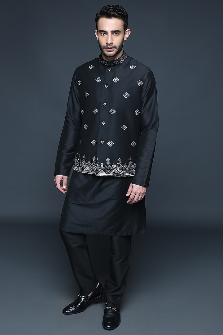 Black Cotton Silk Kurta Set With Embroidered Bundi Jacket by Sanjev Marwaaha Men
