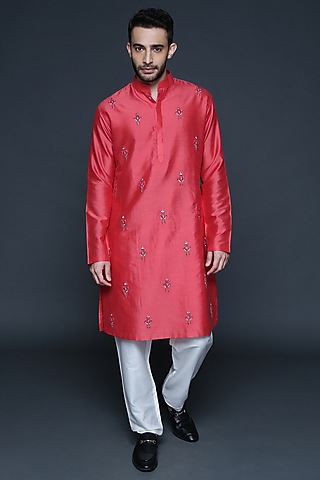 Coral Cotton Silk Hand Embroidered Kurta Set by Sanjev Marwaaha Men