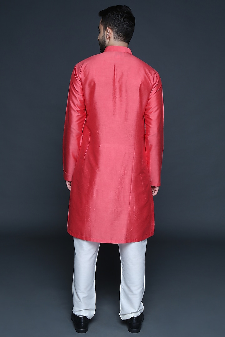 Coral Cotton Silk Hand Embroidered Kurta Set by Sanjev Marwaaha Men at Pernia's Pop Up Shop
