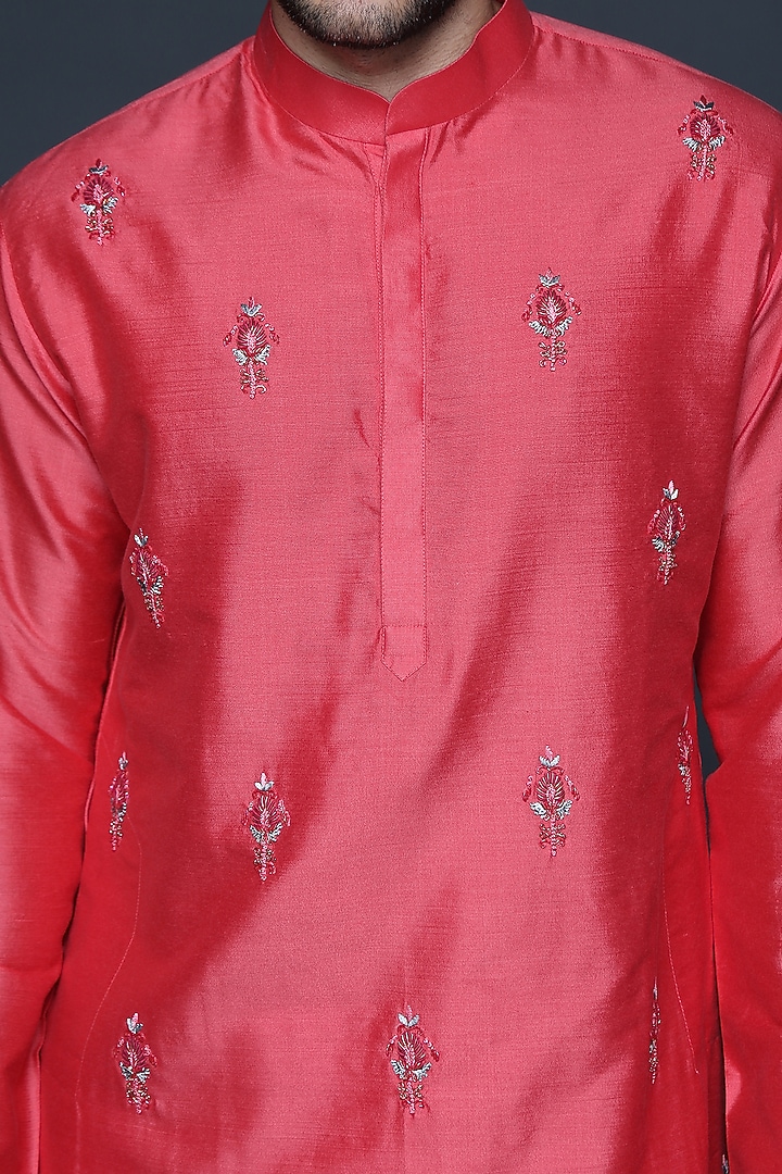 Coral Cotton Silk Hand Embroidered Kurta Set by Sanjev Marwaaha Men at Pernia's Pop Up Shop