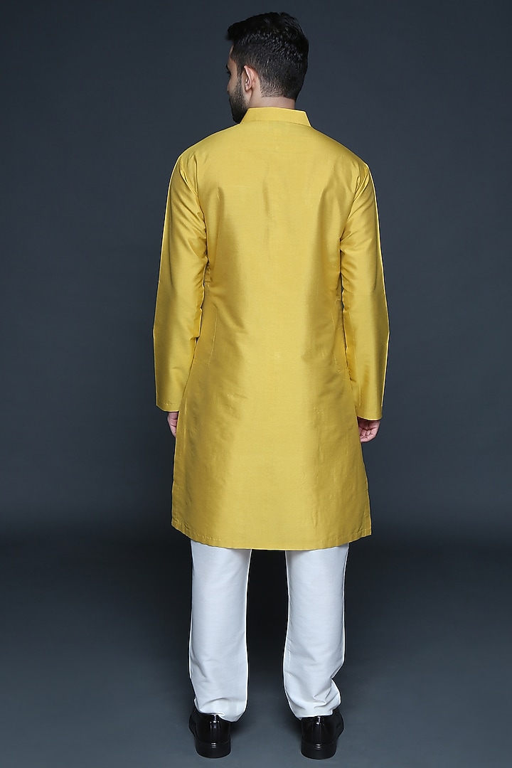 Mustard Cotton Silk Hand Embroidered Kurta Set by Sanjev Marwaaha Men at Pernia's Pop Up Shop