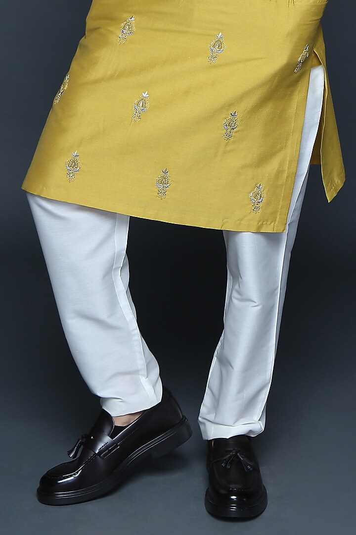 Mustard Cotton Silk Hand Embroidered Kurta Set by Sanjev Marwaaha Men at Pernia's Pop Up Shop