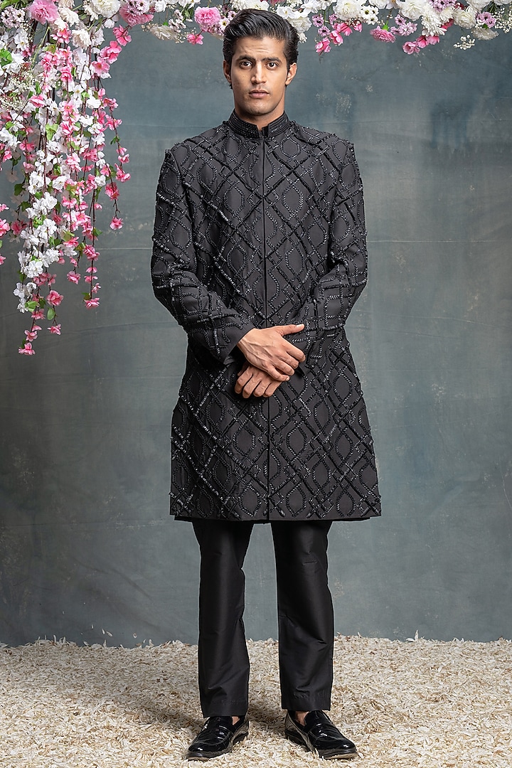 Black Cotton Silk Embroidered Indo-Western Set by Sanjev Marwaaha Men at Pernia's Pop Up Shop