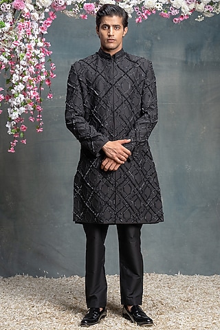 Black Cotton Silk Embroidered Indo-Western Set by Sanjev Marwaaha Men