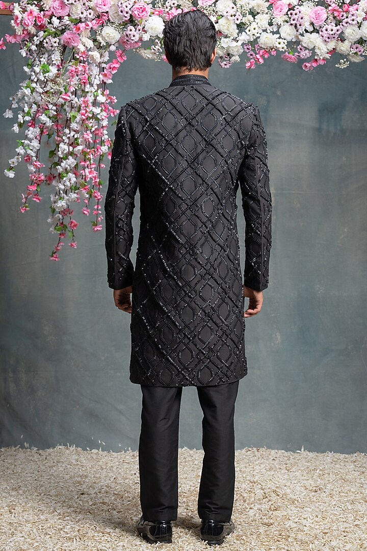 Black Cotton Silk Embroidered Indo-Western Set by Sanjev Marwaaha Men at Pernia's Pop Up Shop