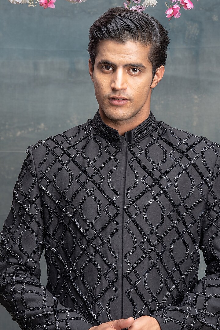 Black Cotton Silk Embroidered Indo-Western Set by Sanjev Marwaaha Men at Pernia's Pop Up Shop