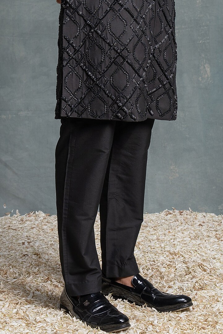 Black Cotton Silk Embroidered Indo-Western Set by Sanjev Marwaaha Men at Pernia's Pop Up Shop