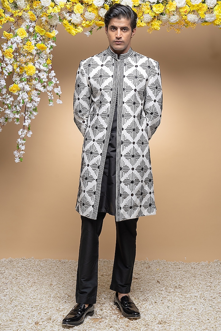 Ivory & Black Cotton Silk Embroidered Indowestern Set by Sanjev Marwaaha Men at Pernia's Pop Up Shop