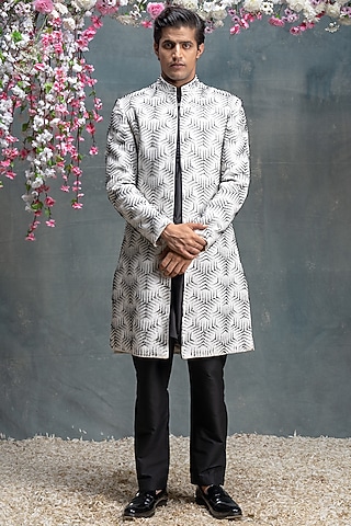 Ivory & Black Cotton Silk Embroidered Indo-Western Set by Sanjev Marwaaha Men