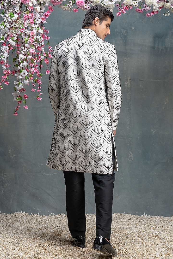Ivory & Black Cotton Silk Embroidered Indo-Western Set by Sanjev Marwaaha Men at Pernia's Pop Up Shop