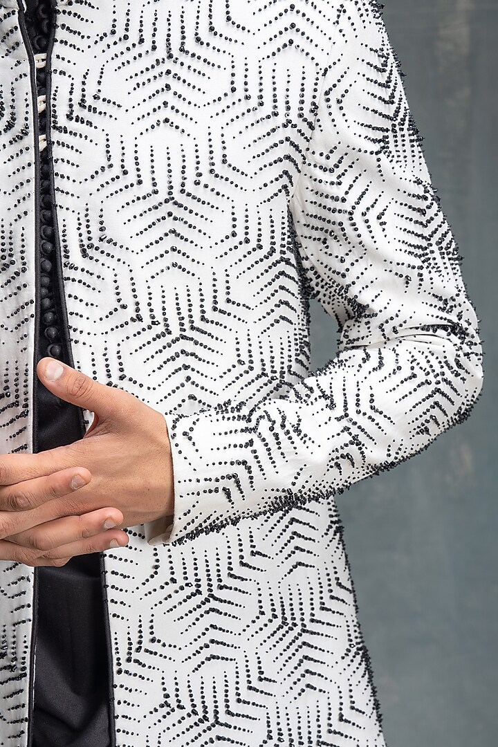 Ivory & Black Cotton Silk Embroidered Indo-Western Set by Sanjev Marwaaha Men at Pernia's Pop Up Shop