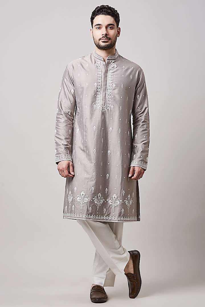 Grey Cotton Silk Motif Embroidered Kurta Set by Sanjev Marwaaha Men