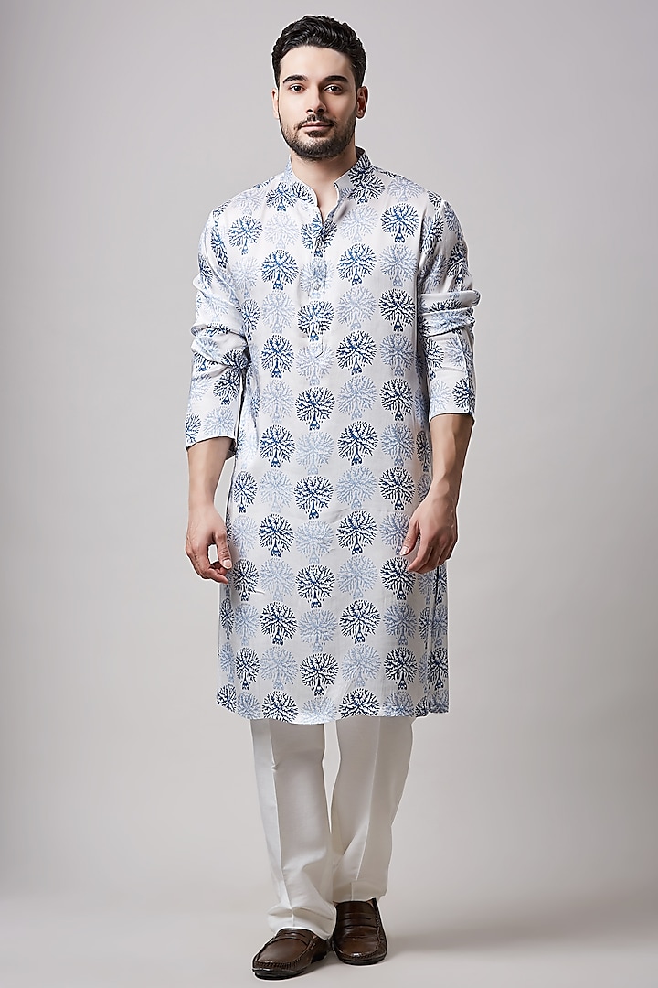 Ivory Modal Satin Hand Block Printed Kurta Set by Sanjev Marwaaha Men