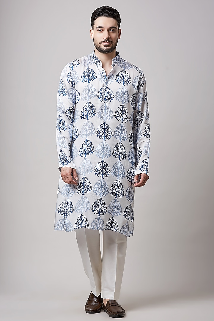 Ivory Modal Satin Hand Block Printed Kurta Set by Sanjev Marwaaha Men at Pernia's Pop Up Shop