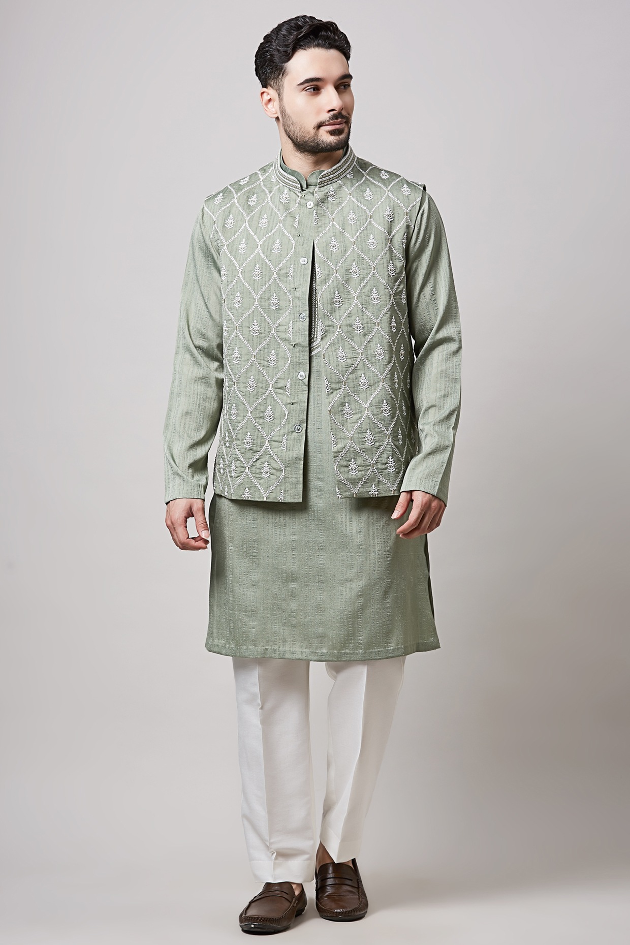 Sanjev Marwaaha Sage Green Kuntal Silk & Cotton Silk Embellished Bundi Set