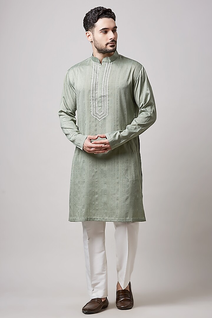 Sage Green Kuntal Silk & Cotton Silk Embellished Bundi Set by Sanjev Marwaaha Men at Pernia's Pop Up Shop