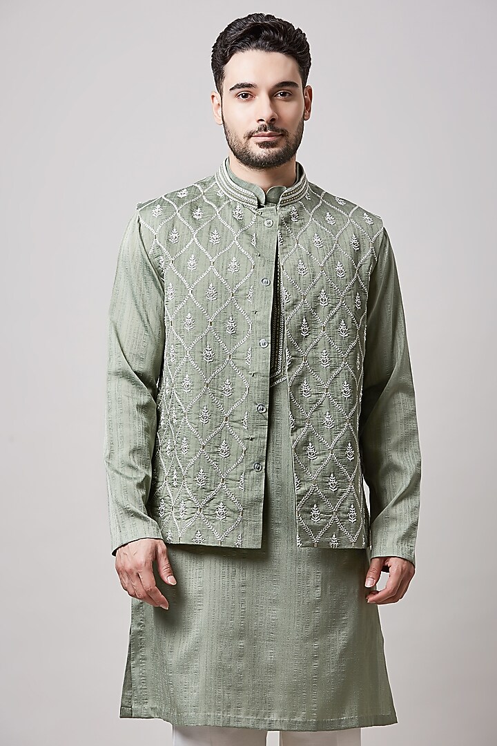 Sage Green Kuntal Silk & Cotton Silk Embellished Bundi Set by Sanjev Marwaaha Men at Pernia's Pop Up Shop
