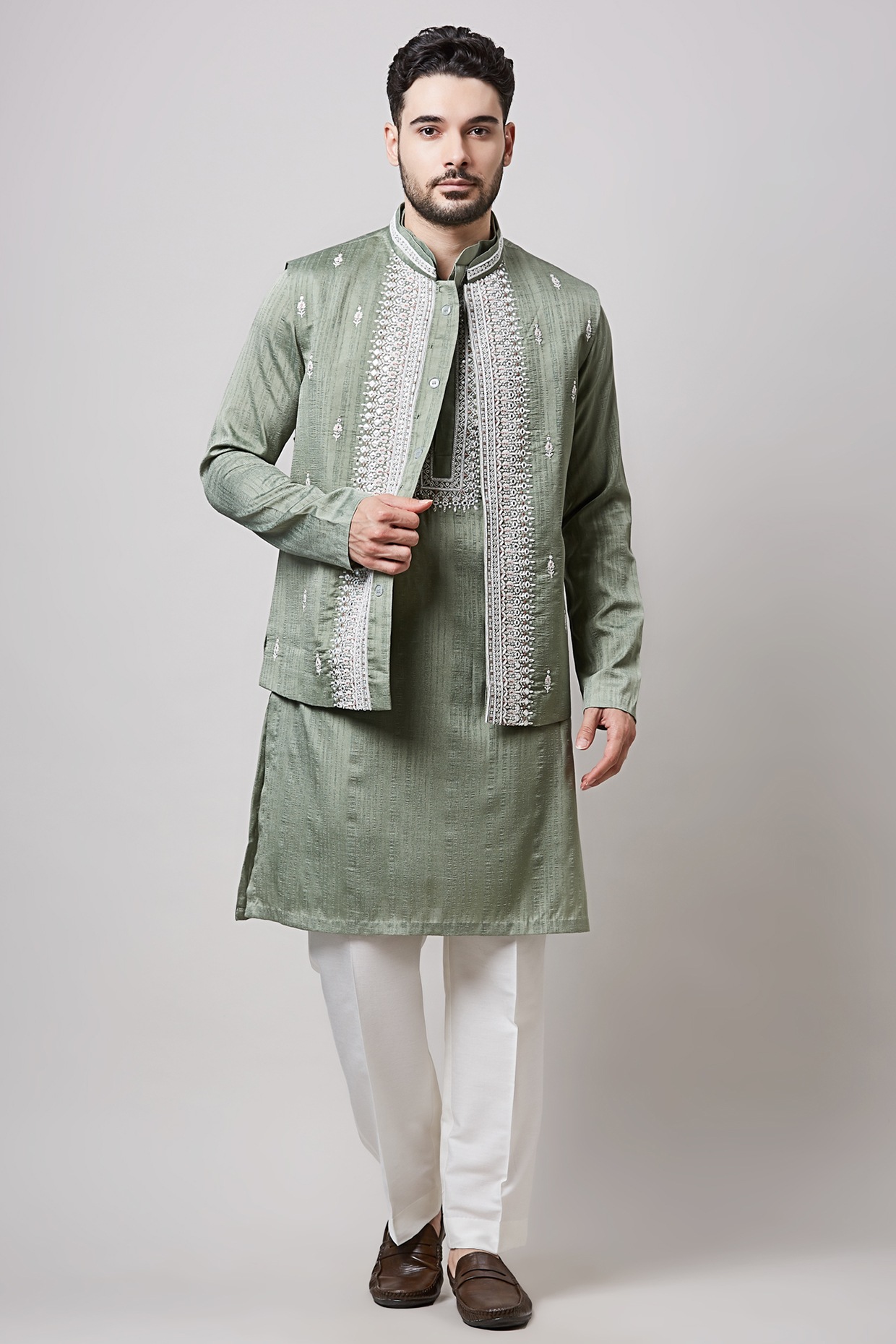 Sanjev Marwaaha Sage Green Kuntal Silk & Cotton Silk Embellished Bundi Set