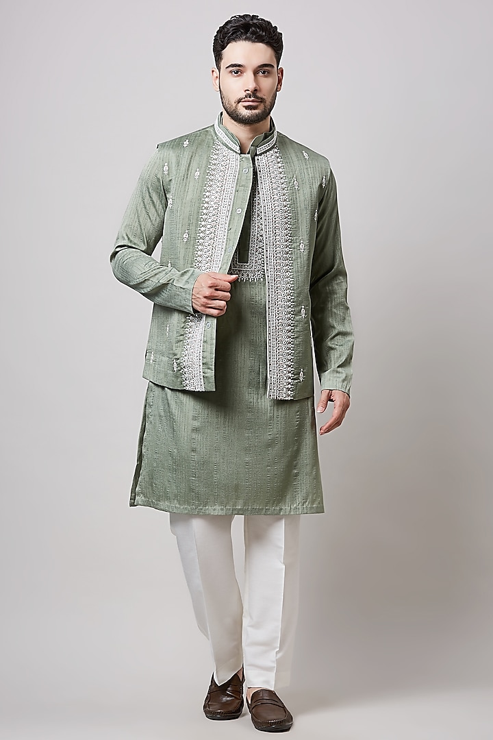 Sage Green Kuntal Silk & Cotton Silk Embellished Bundi Set by Sanjev Marwaaha Men