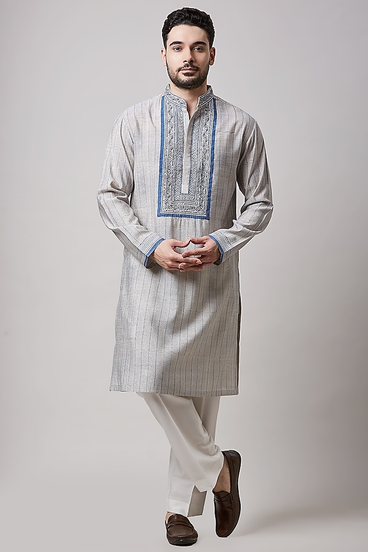 Light Fawn Cotton Silk Block Printed Kurta Set by Sanjev Marwaaha Men at Pernia's Pop Up Shop