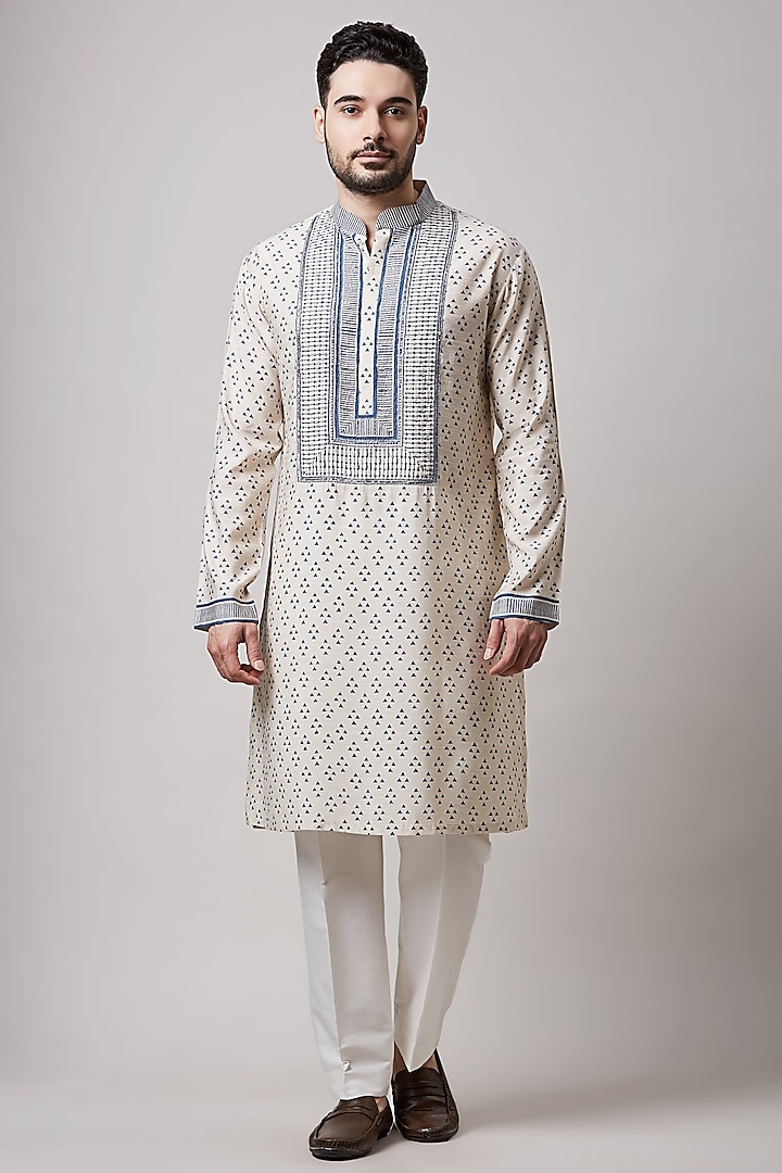 Light Fawn Cotton Silk Block Printed Kurta Set by Sanjev Marwaaha Men