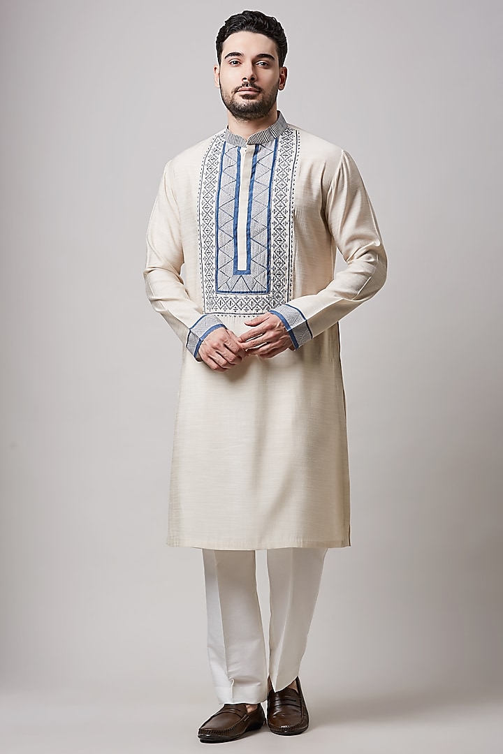 Light Fawn Cotton Silk Block Printed Kurta Set by Sanjev Marwaaha Men