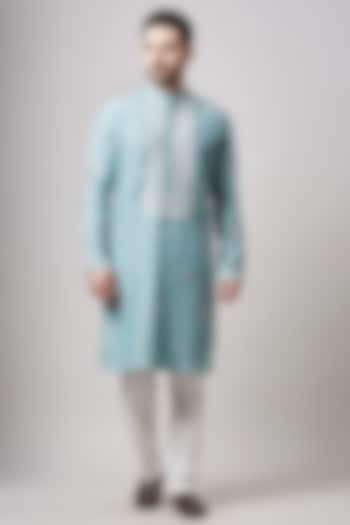 Light Blue Soy Silk Embroidered Kurta Set by Sanjev Marwaaha Men