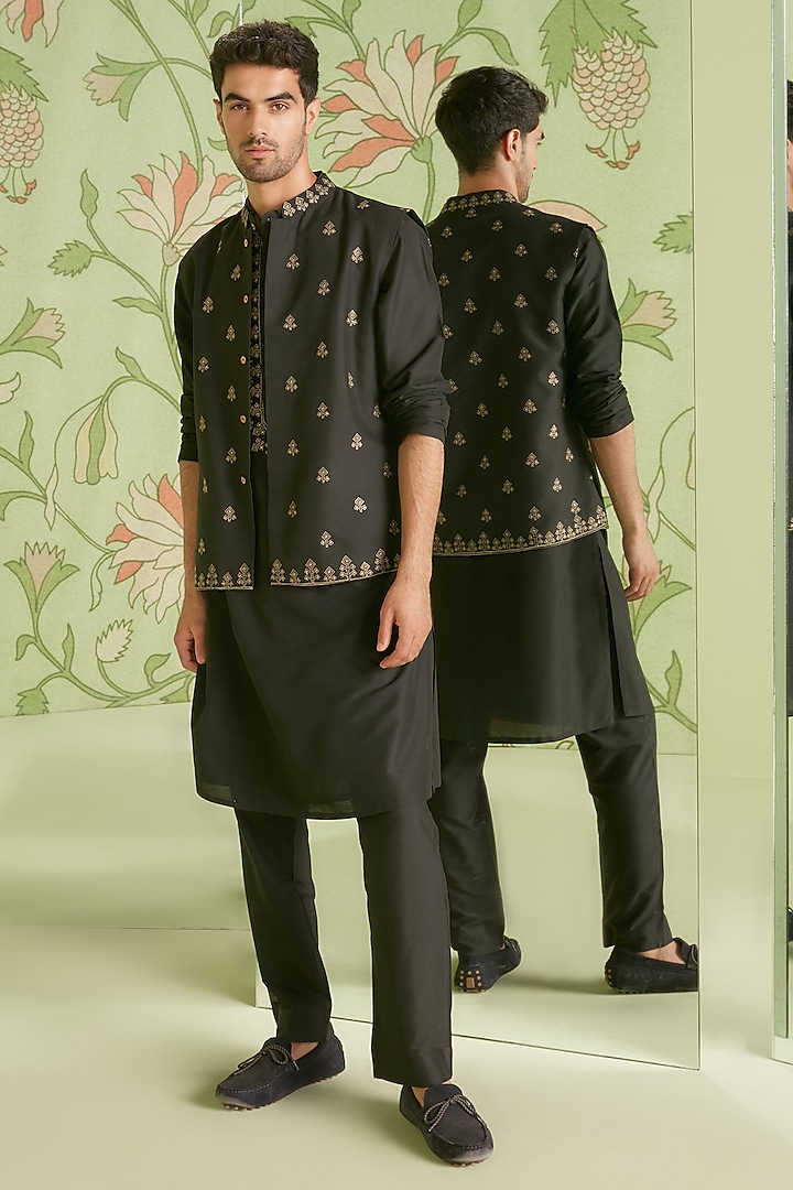 Black Cotton Silk Kurta Set With Bundi Jacket by Sanjev Marwaaha Men